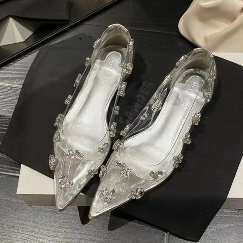 Women's Flat Shoes Spring New Pointed Head Shallow Mouth Crystal Buckle Soft Sole Anti-slip Wear-resistant Low-top Shoes