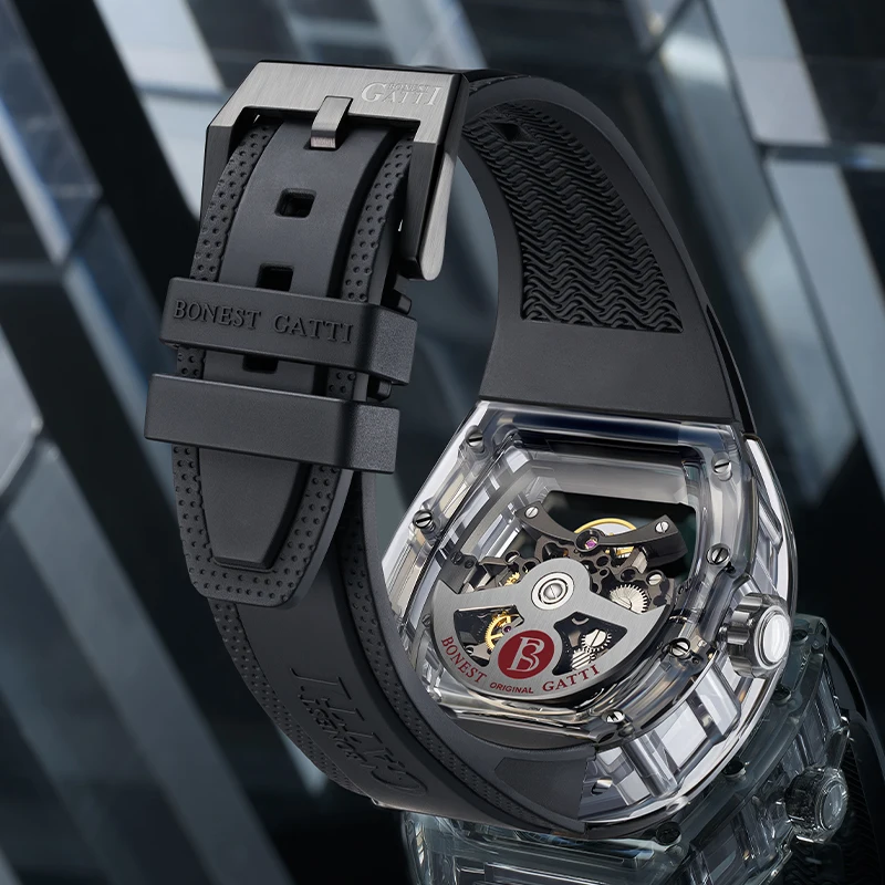 BONEST GATTI 2025 nuevo reloj automático para hombre Tonneau reloj de pulsera mecánico caja acylic zafiro Lume esfera hueca fluororubber