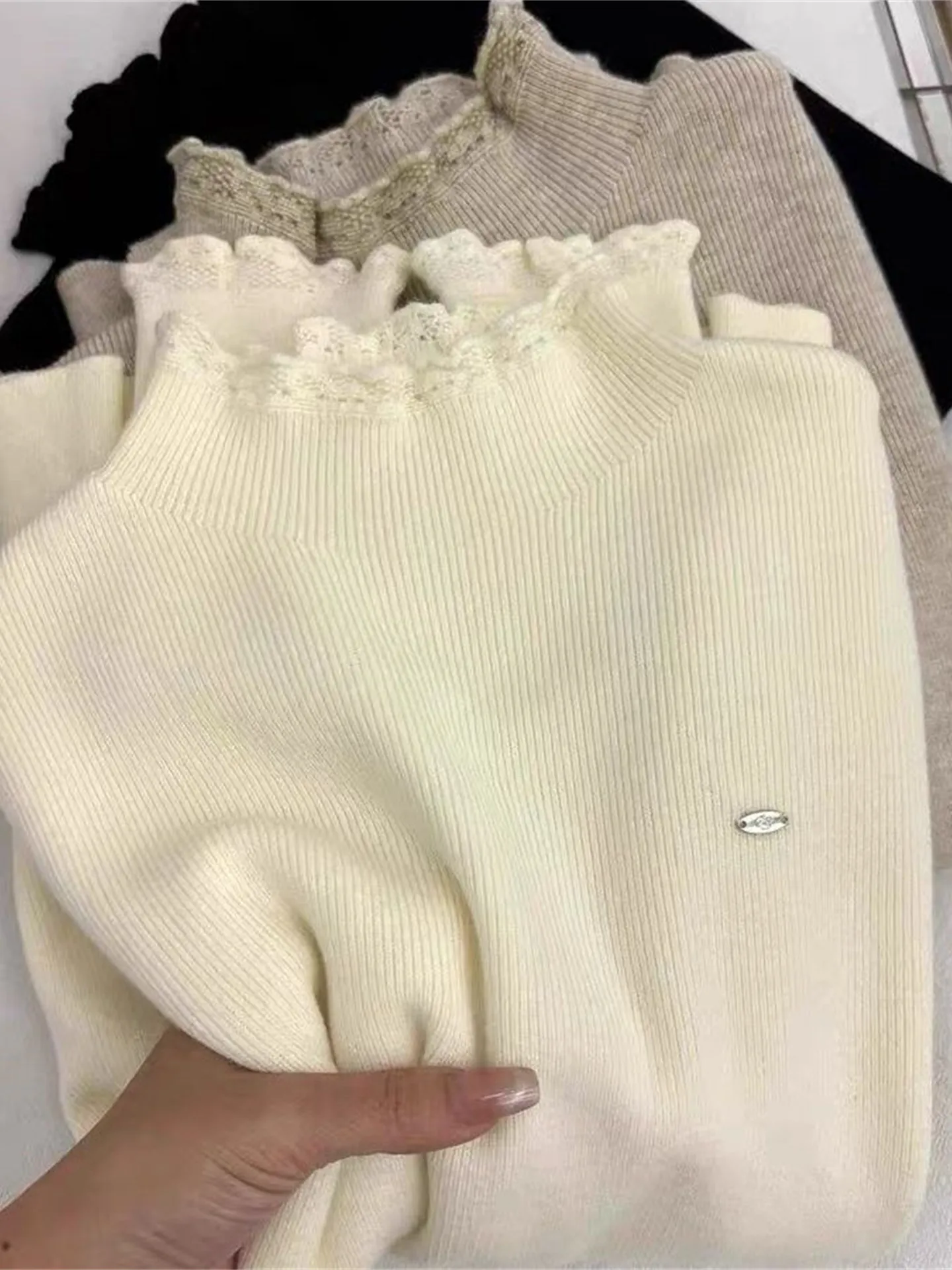 

Women's Long Sve f High Collar Knitted Sweater Floral Lace Autumn Winter New Sle Overhead Match All Base irt I...