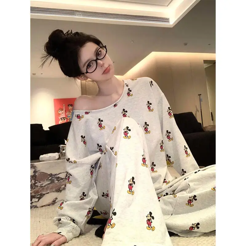 

Светло-серый пижамный комплект с открытыми плечами и длинными рукавами с принтом Микки, мягкая удобная ткань, повседневный, эстетичный, модный, свободный, Y2K