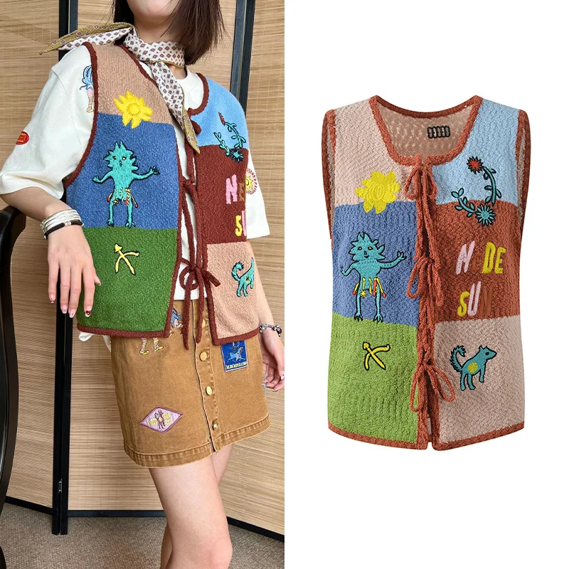 

Spring 2025 New Design Heavy Embroidery Flower Letter Pattern Patchwork Small Audience Vest Belted Top Women's Jacket