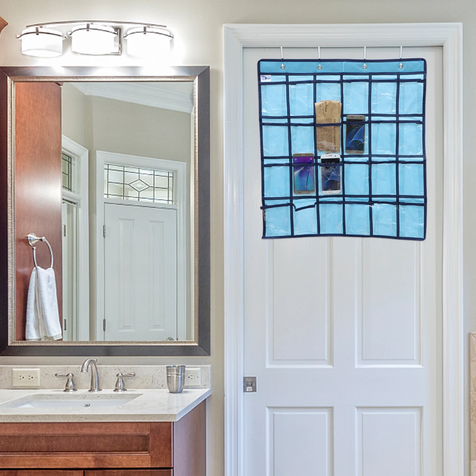 

Hanging Storage Bag For Cell Phones Metal Hooks Pocket Chart Wall Mount Calculator Holder Dorm Office School Supplies