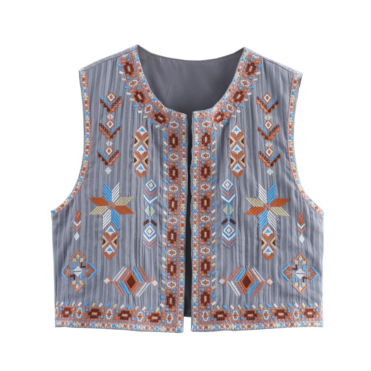 2024 Summer New Women's Clothing European and American Style Retro Round Neck Sleeveless Loose Embroidered Vest Short Coat