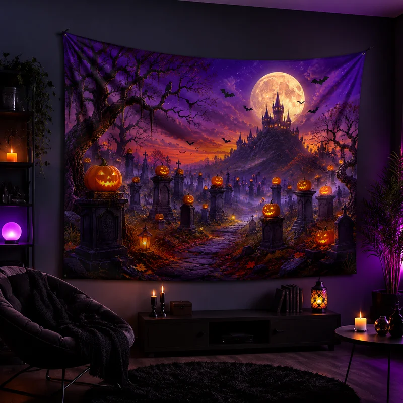 VIKAMA Magical Gothic Twilight Tapestry, Jack-o'-Lanterns, Harvest Moon, and Flocks of Bats Wall Hanging, Home Decor