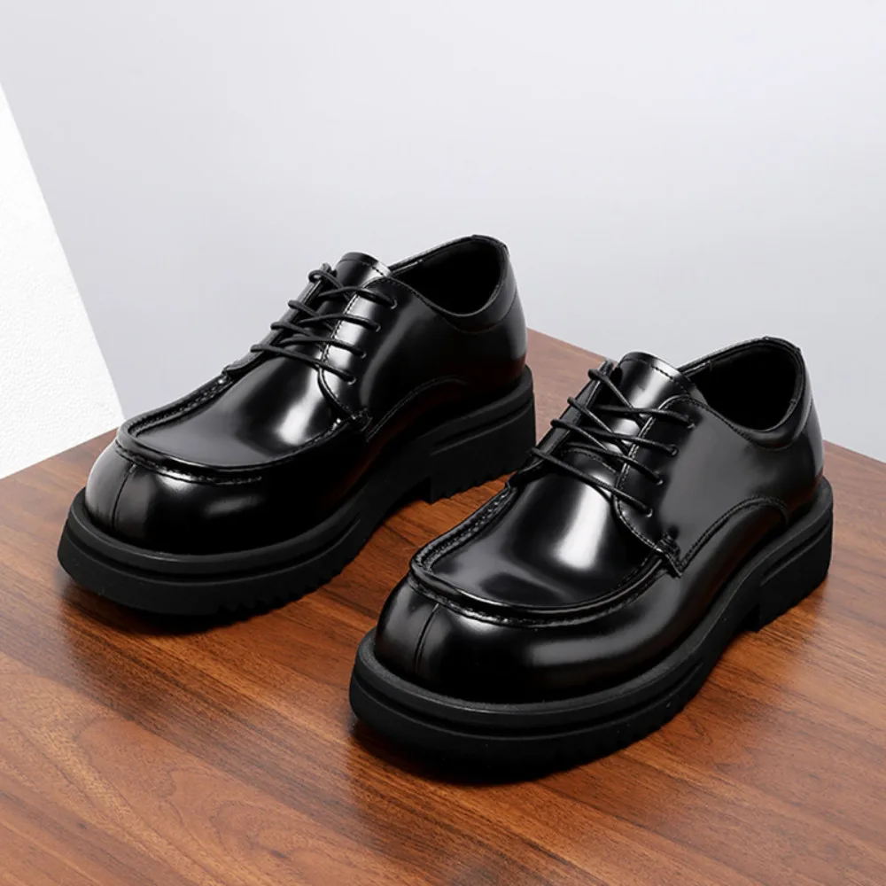 Men's Genuine Leather Thick Sole Derby Shoes Groom Wedding Round Toe Wide Toe Shiny Formal Business Casual Leather Shoes