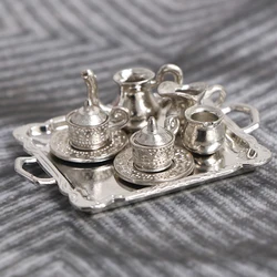 10pcs 1/12 Dollhouse Miniature Silver Metal Tea Coffee Tray Tableware Set Miniature Furniture  Baby Accessories