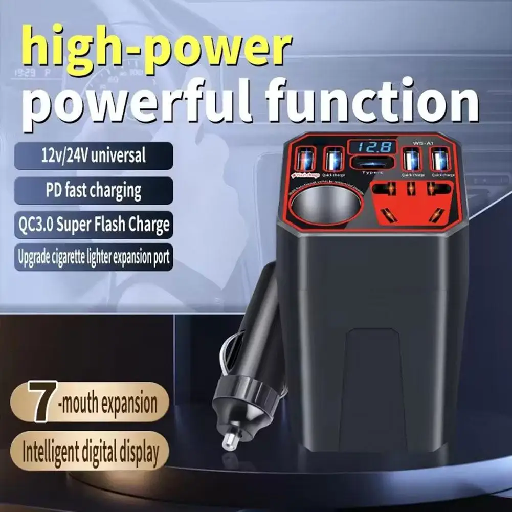 عاكس طاقة السيارة 12/24 فولت إلى 220 فولت مع 7 منافذ عرض جهد الإخراج QC3.0/PD شحن سريع عالمي للشاحنات ملحقات السيارة