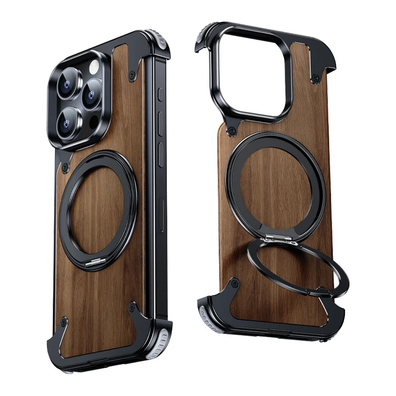 

For iPhone 16 15 14 Pro Max Case 360 Rotating Ring Stand Magnetic For MagSafe Walnut Wood Metal Alloy Framework Protective Cover