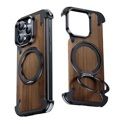 For iPhone 16 15 14 Pro Max Case 360 Rotating Ring Stand Magnetic For MagSafe Walnut Wood Metal Alloy Framework Protective Cover