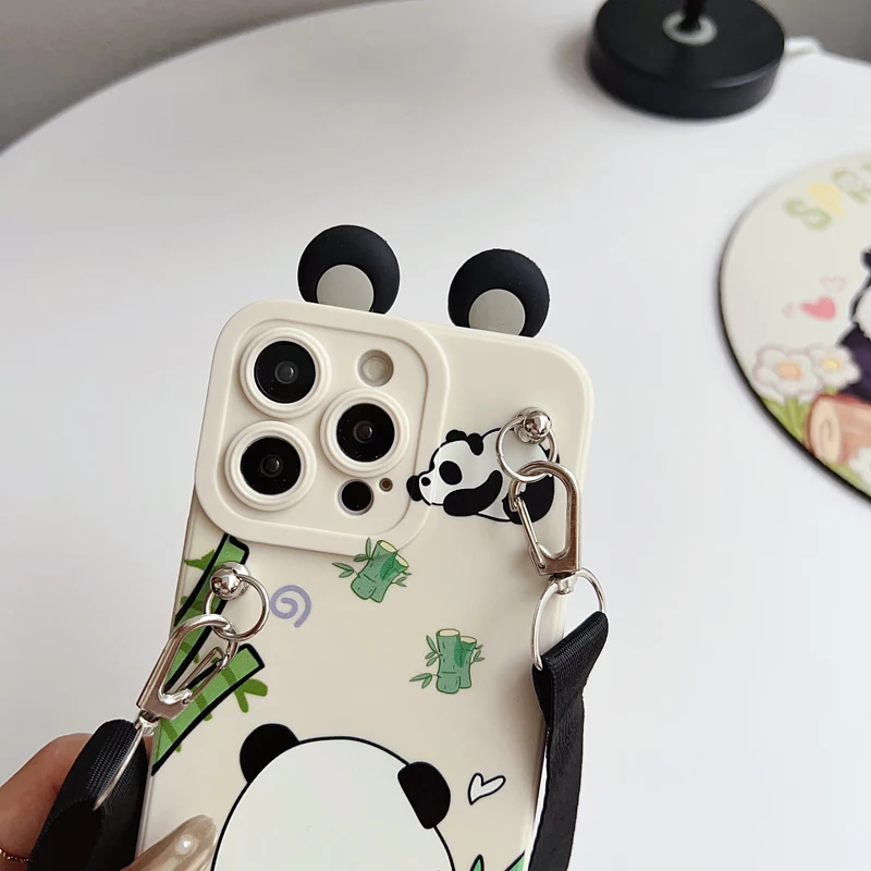 For Xiaomi Redmi 9 10 10A 12 13 10C 12C 13C 14C Note 8 9 9s 10 11 12 13 14 Pro Panda Case With Holder Rope