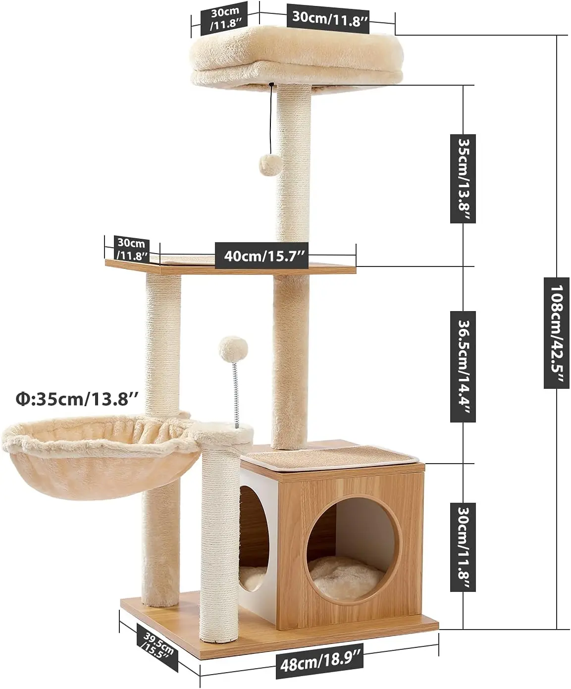 Árvore de gato moderna de 51,4 polegadas, torre de madeira premium de 6 níveis com postes de arranhões totalmente cobertos de sisal, condomínio aconchegante