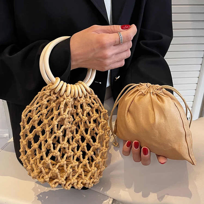 Circular Handle Fishing Net Bag Women's Hollow Cotton Thread Handmade Hollow Weaving Small Bag Handheld Mesh Bag Straw Woven Bag