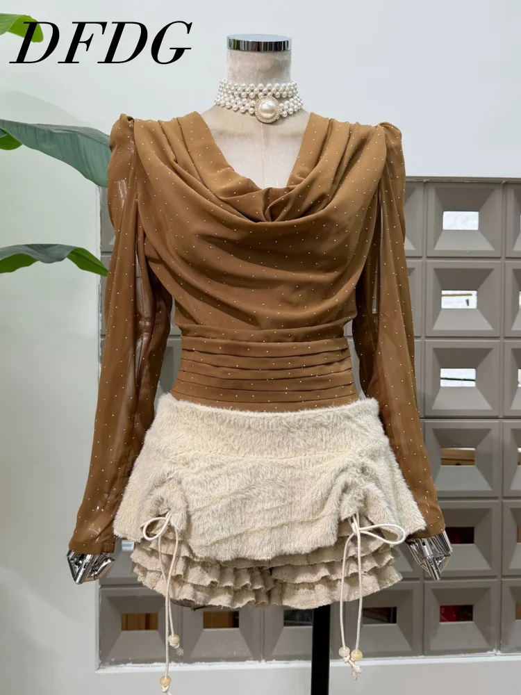 

DFDG женский весенне-летний плиссированный сетчатый топ 2024, многоуровневая юбка с защитой от выглядывания, комплект из двух предметов с длинными рукавами и пайетками с низкой талией
