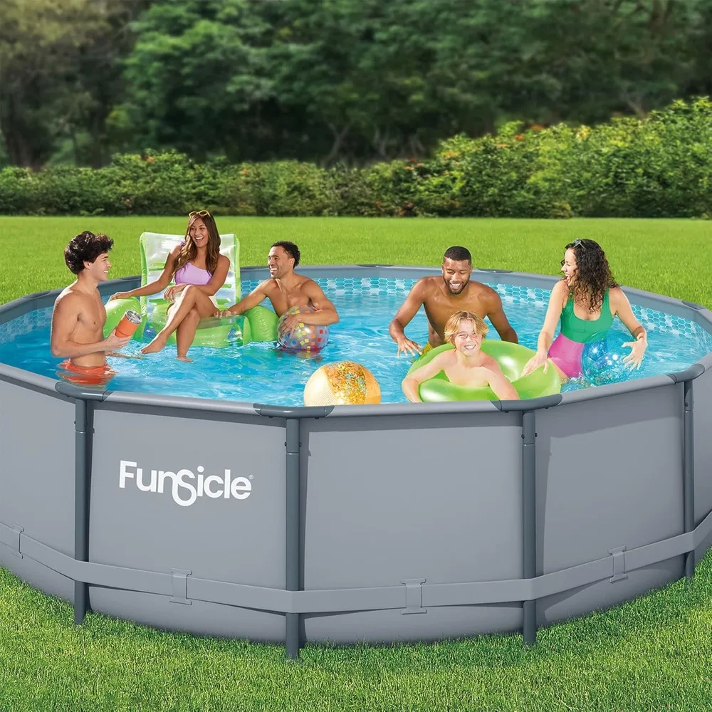 

Oasis Designer Round Frame Above Ground Outdoor Swimming Pool Set with SkimmerPlus Filter Pump, Ladder, and Pool Cover, Gray