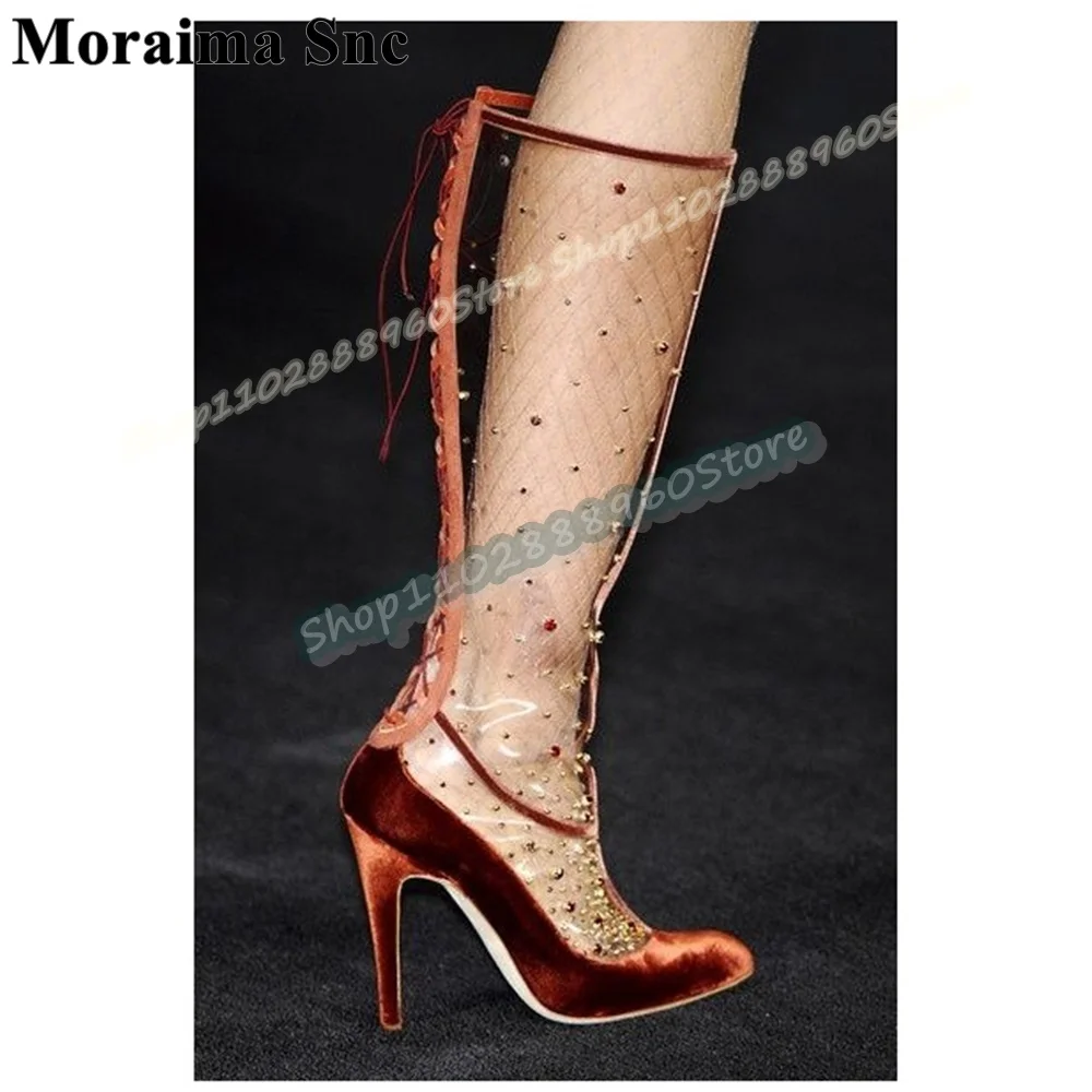 

Knee High PVC Suede Splicing Crystals Boots Thin High Heel Women Shoes Cross Tied Pointed Toe Luxury Catwalk Fashion Women Boots