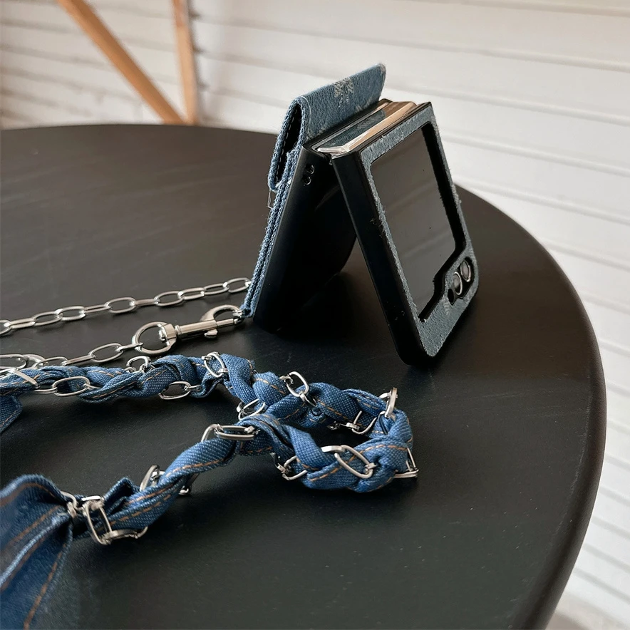 Card Solt Bag Denim Fabric Wallet Wrist Strap Case For Samsung Galaxy Z Flip 6 5 Fold 4 3 Bow Knot Shoulder Chain Lanyard Cover