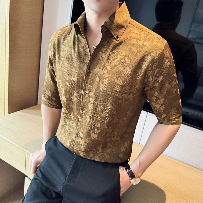 

Men Half Sleeve Shirt Summer Satin Silky Large V-neck Jacquard Print Social Blouse Casual Floral Shirt Coffee Top Male Clothes