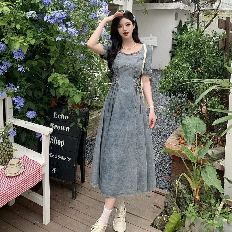 Denim Dresses Women Short Sleeve Drawstring A-line Slim Oversized High Waist Korean Fashion Summer Pullover Solid Lovely Elegant