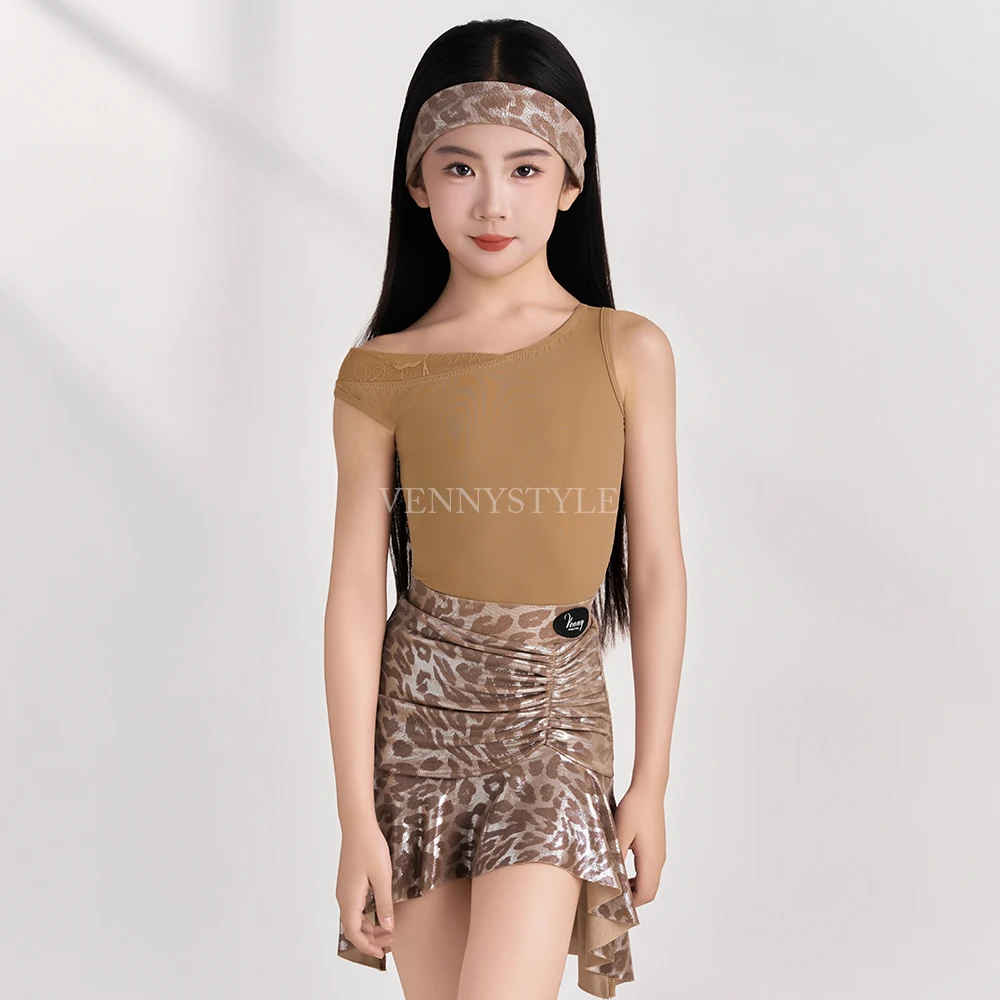 

Vennystyle Latin dance costume for girls elegant summer off-shoulder top and leopard print skirt new 2026 two-piece practice set