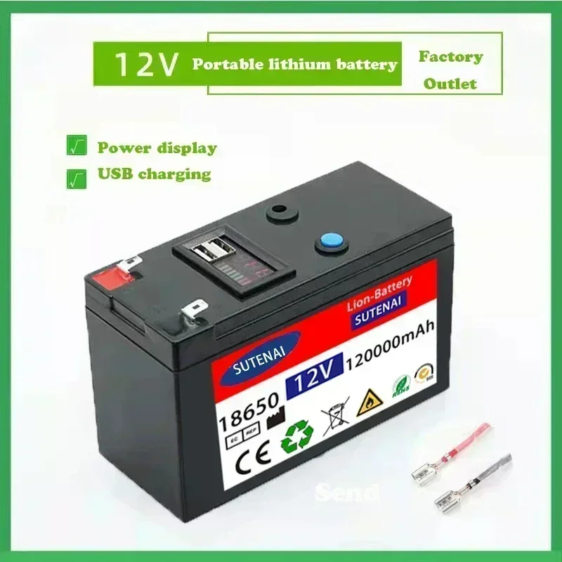 12V Battery 120Ah 18650 lithium battery pack Rechargeable battery for solar energy electric vehicle battery+12.6v3A charger