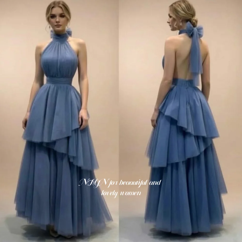 

NFYN Halter Prom Dress Multilayers Party Dress Fluffy Evening Gowns A Line Princess Gowns for Arabic Women vestidos Customized