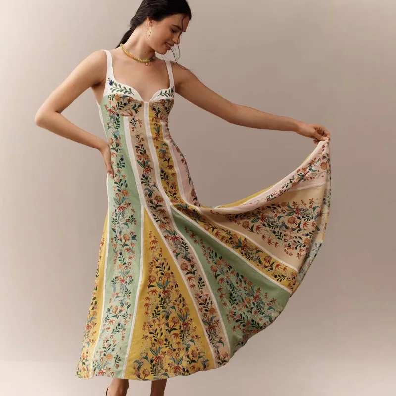 Summer Women Loose Linen Floral Bohemian Dress INS Elegant Strap V Neck Corset Flowy Vacation Beach Boho Long Dress