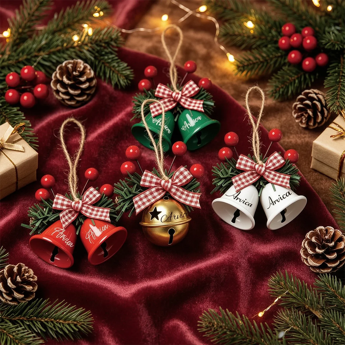 2Pack Custom Christmas Double Bell Pendant Gingham Bow Berry Personalized Print Home Party Atmosphere Decoration Small Ornament