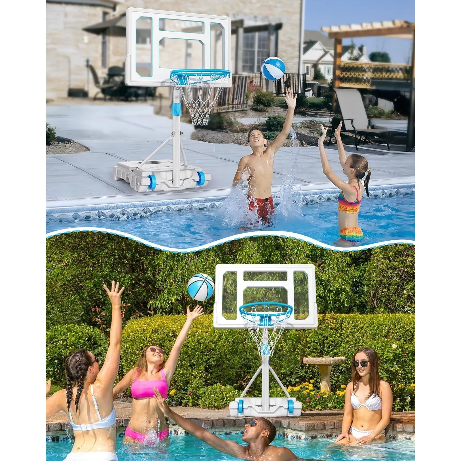 Swimming Pool Basketball Hoop Outdoor, Stainless Steel Adjustable Poolside Water Basketball Goals System