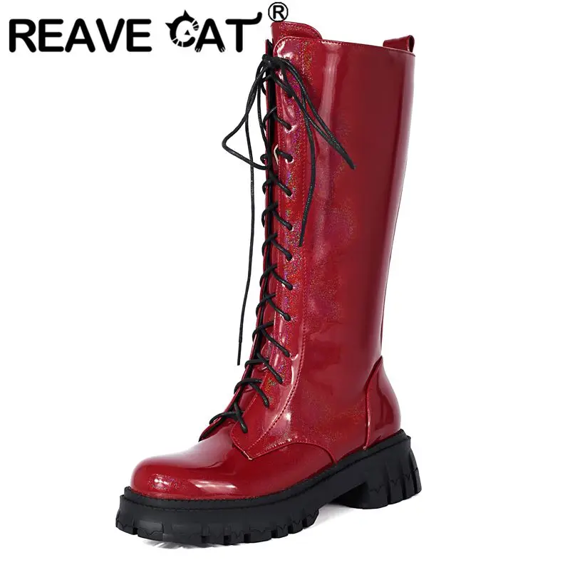 

REAVE CAT Shiny Female Knee High Boots Round Toe 4.8cm Thick Heels Platform Zipper Lace Up Large Size 41 42 43 Daily Knight Bota