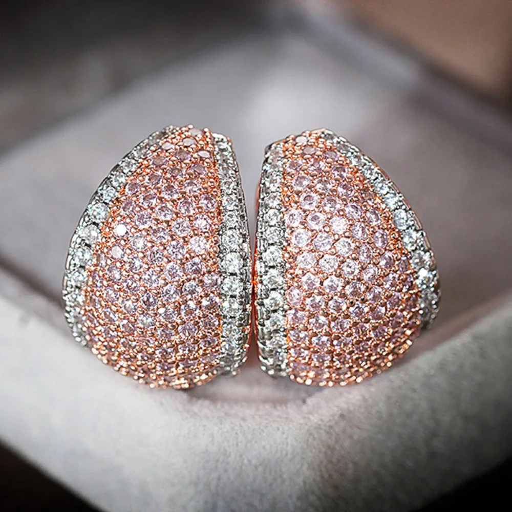 Luxury Two‑Tone Rose Gold Full 5A Zircon Hoop Earrings for Women Micro‑Pave Geometry Click‑Top Ear Buckle Earrings Party Jewelry