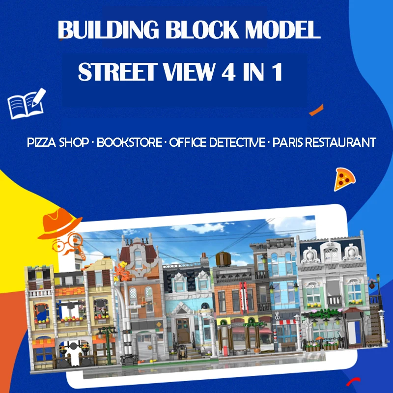 1178pcs Street View Building Blocks Pizza Shop Modular Architecture Sets MOC Detective Agency Boys Toys for Children Gifts 20104