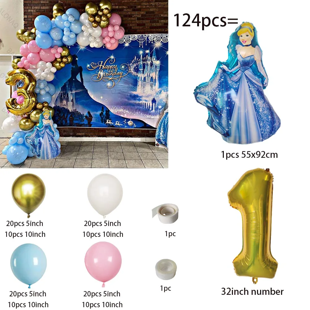 124pcs Disney Cinderella Princess Balloon Set Gold Number Foil Balloons Girl Kids 1st Birthday Party Baby Shower Decorations