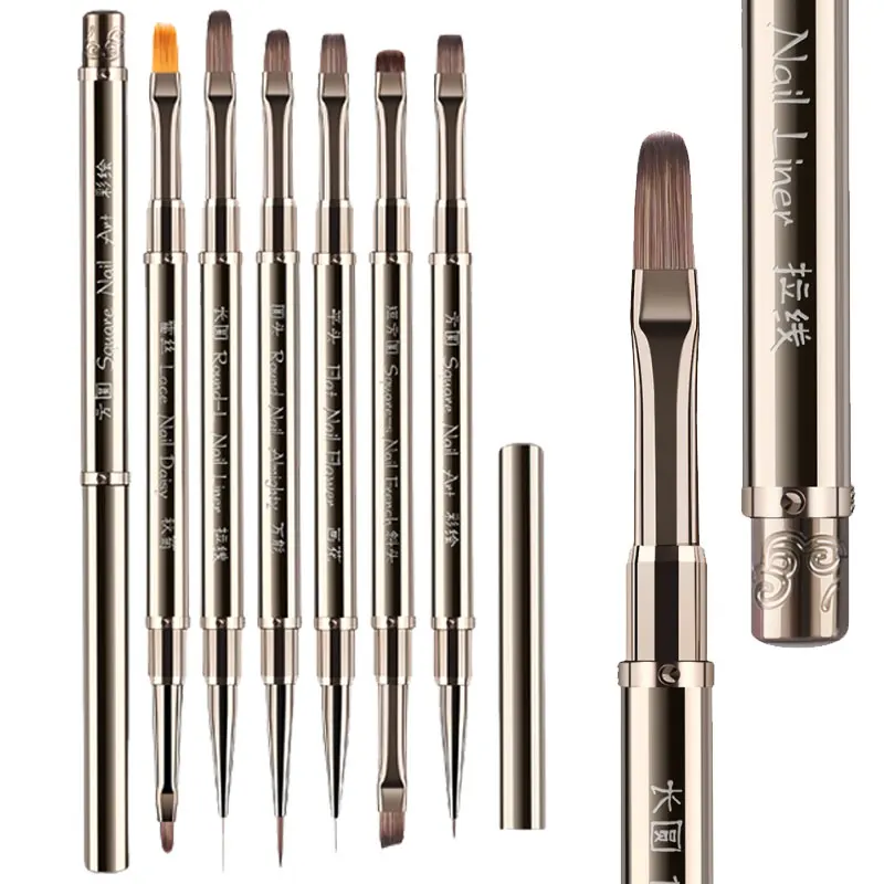 

Silver Metal Dual-Ended Nail Art Liner Brushes Carving Flat/Oval/Fine Angled Gel Painting Brushes Professional Manicure Tools