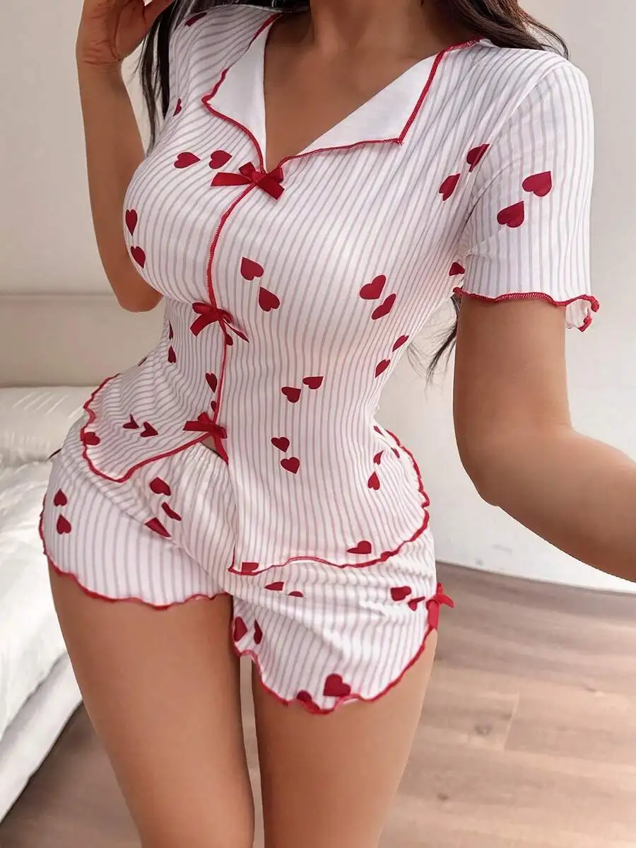 

Womens Striped Heart Print V-Neck Lapel Short Sleeve Pajama Set With Ruffle Hem Shorts