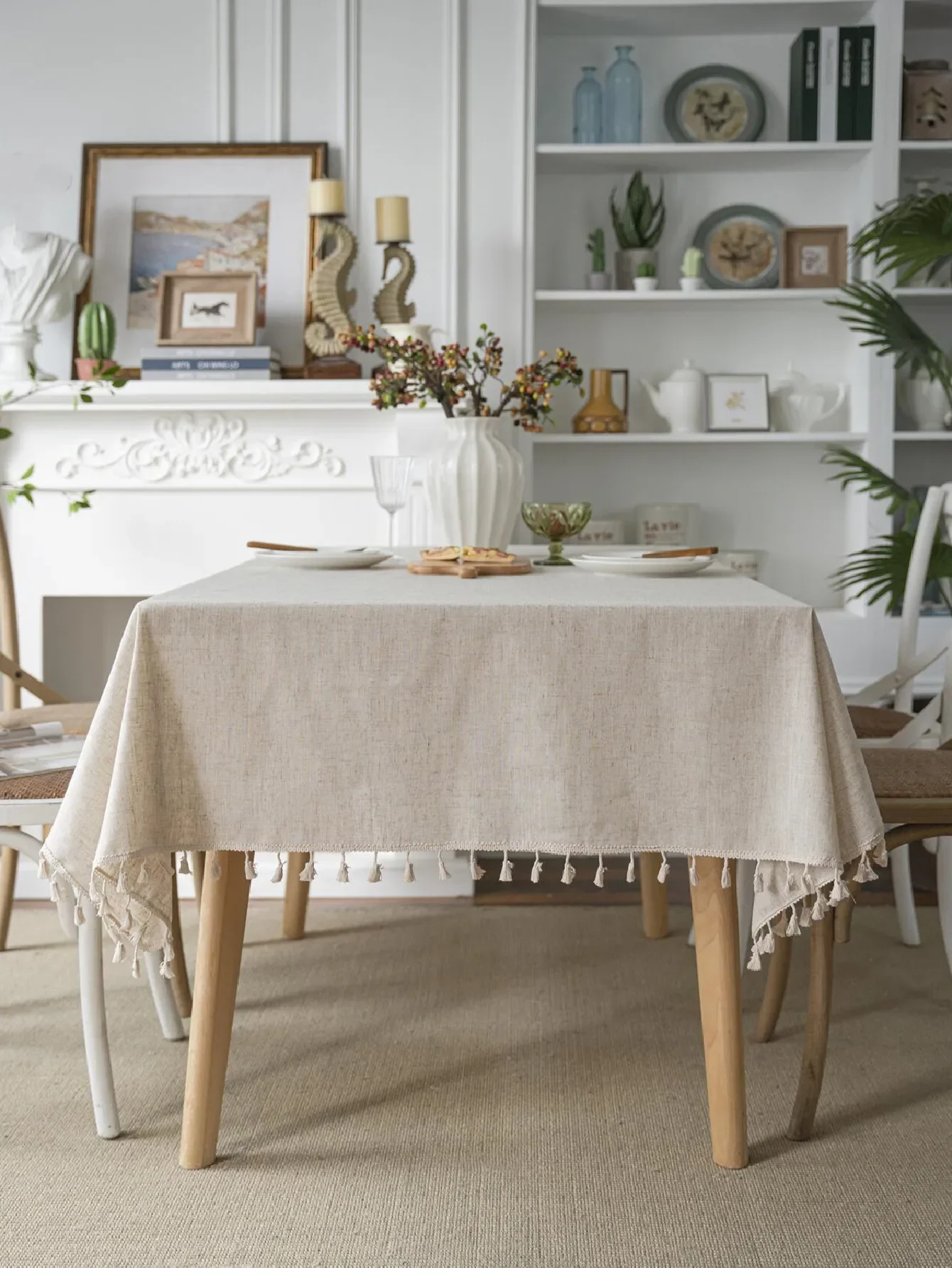 Rectangular Tablecloth Beige Fringe Vintage Farmhouse Wedding Decoration Kitchen Table Four Seasons Universal Linen Solid Color