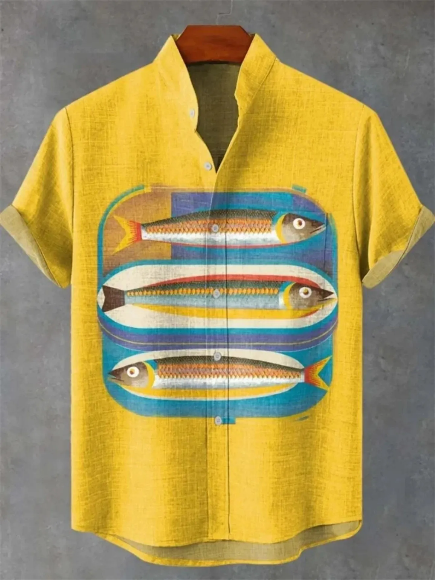 Fashionable Hawaiian men's 3D printed fish design pattern men's button up stand collar comfortable breathable casual plus size l