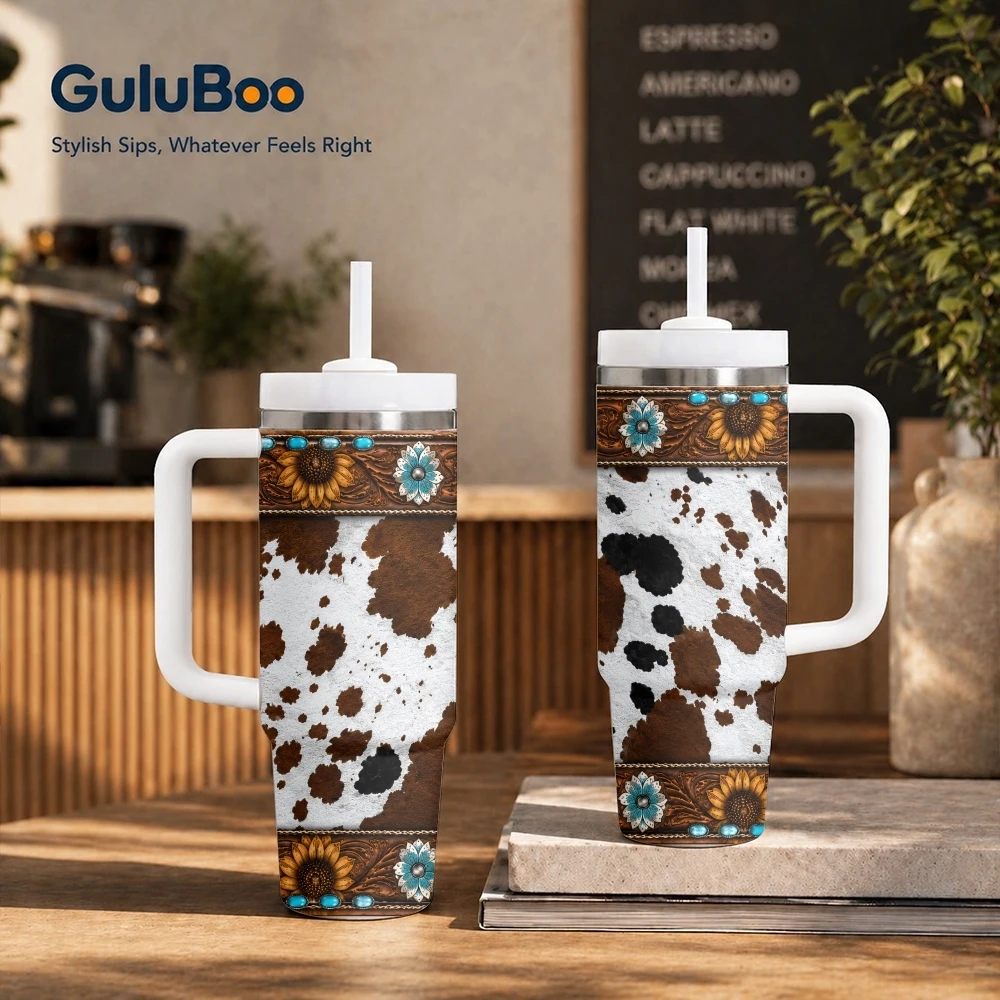 Western Cowhide Sunflower Prints Vacuum Flasks 40oz Stainless Steel Insulated Tumbler With Handle & Straw Leakproof Travel Mug