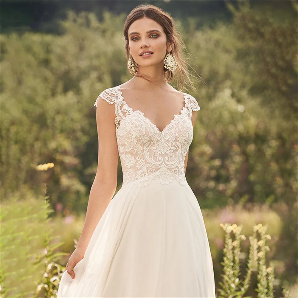 Wedding Dresses A-line V-neck Lace Backless Country Style Beach Wedding Dresses for Birthday Wedding Party