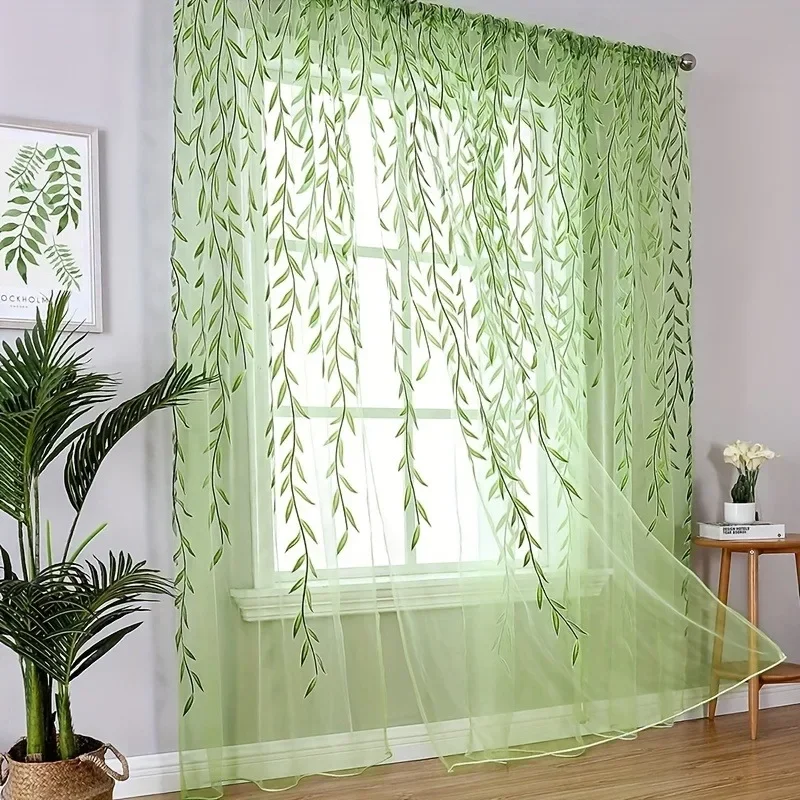 

1pc Willow Leaf Sheer Window Curtains Fresh Pastoral Style Voile Curtains for Living Room Bedroom Kitchen Home Decoration 1mx2m