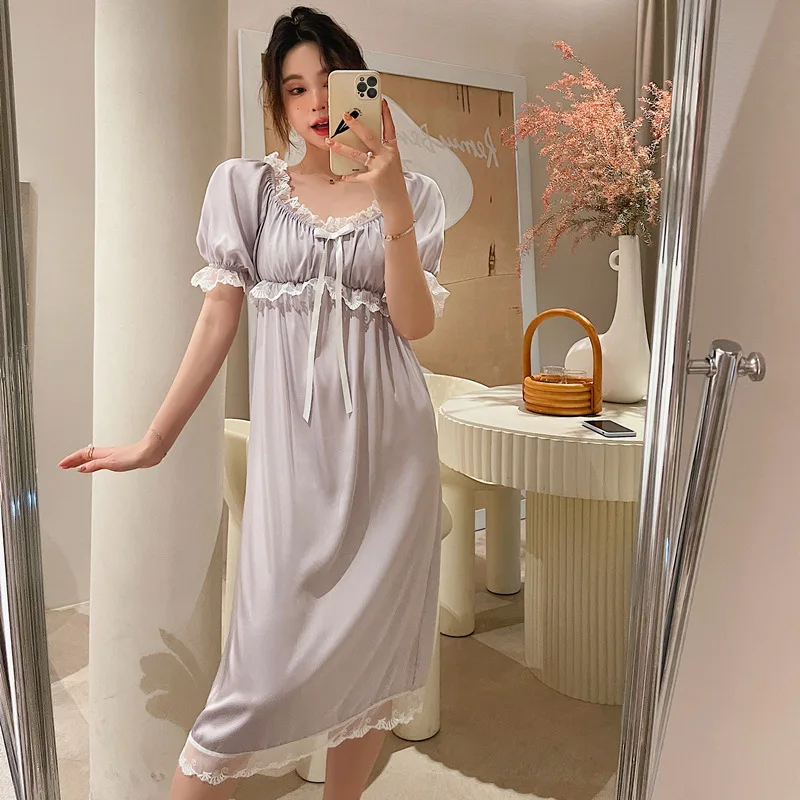 Summer Women\'s Lace Nightdress Bud Short Sleeve Princess Dress M L Sexy Rayon Sleepshirts Bride Lingerie Nightgown Home Clothes