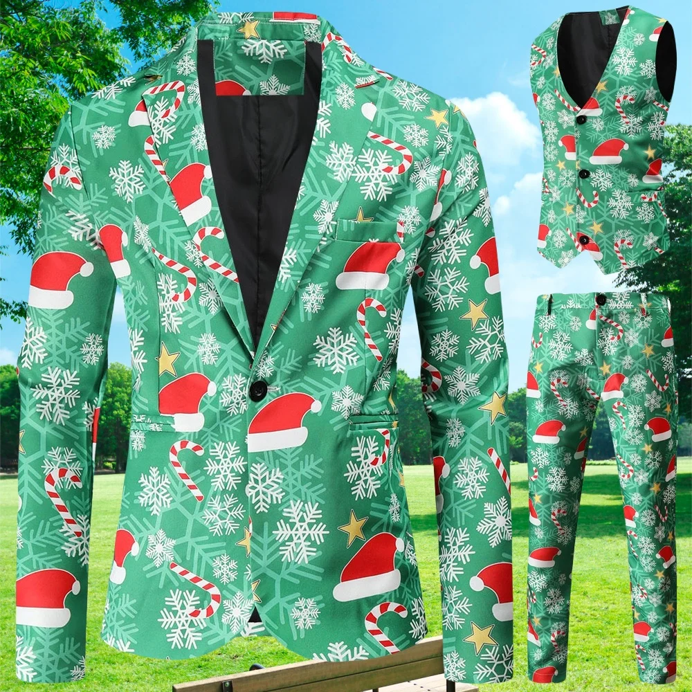 Terno para homens festa de natal baile fino ajuste 3 peças (blazer + colete + calças) árvore de natal impressão vestir-se ternos masculinos conjuntos plus size 4xl