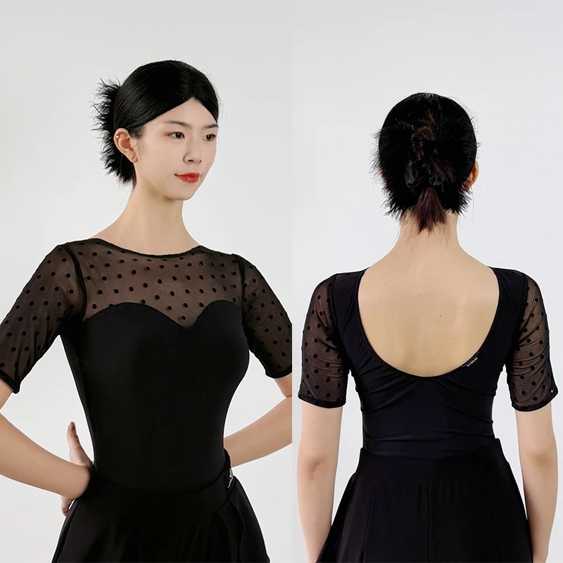 

2026 Female Modern Dance Practice Clothes Mesh Short Sleeve Top For Women Waltz Latin Ballroom Dance Costumes Adult Wear DN23472