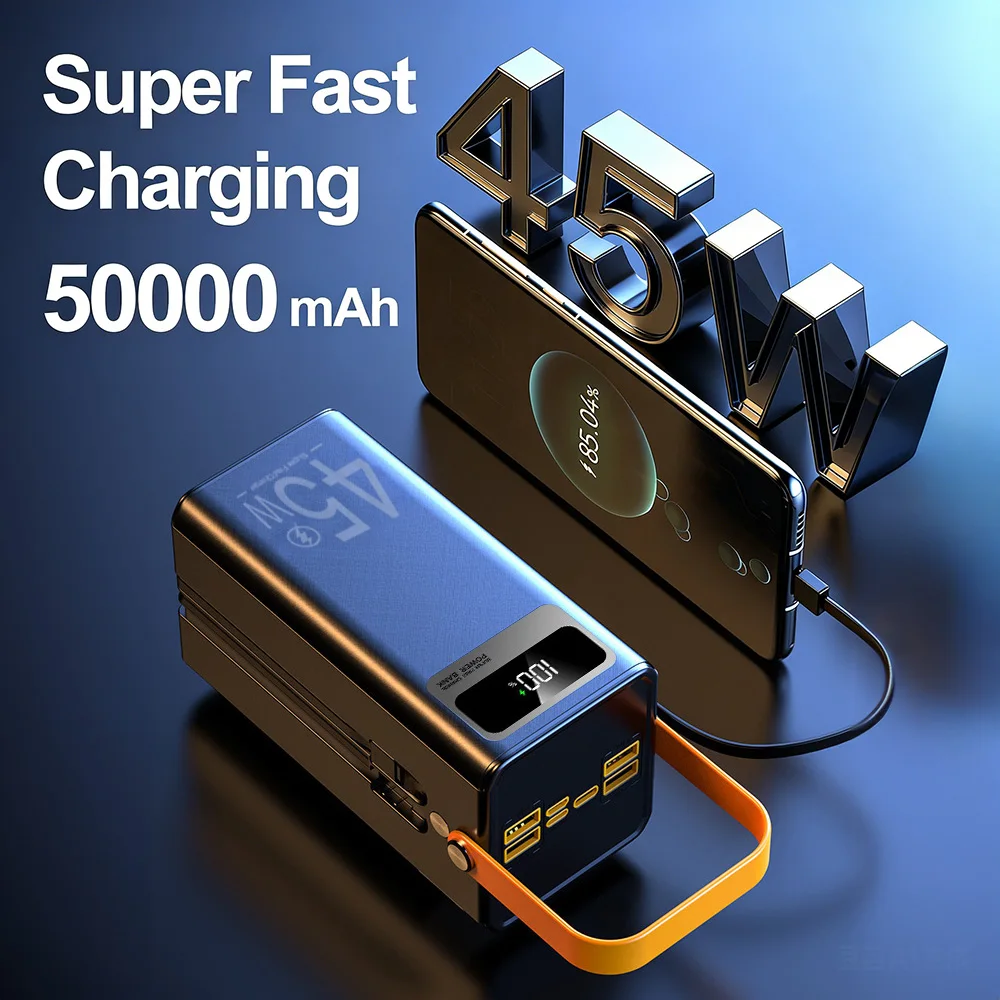 50000mAh Tragbare Powerbank für Camping 45W Superschnelles Laden mit Integrierten Kabeln und LED-Licht – Detail 6