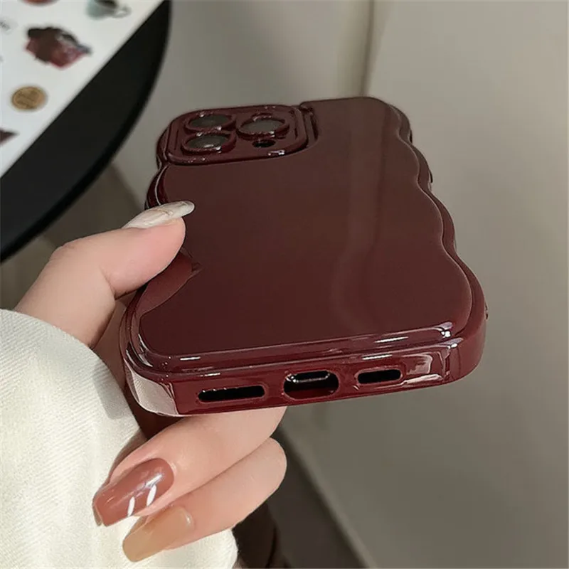 Ottwn Solid Color Curly Wavy Phone Case For iPhone 15 14 13 12 11 Pro Berry Wine Red Soft Silicone Shockproof Bumper Back Covers