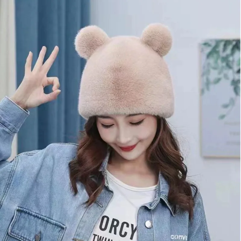 

Faux Fur Hat Winter Fluffy Plush Hats For Women Bear Ear Warm Cap Thicken Outdoor Ear Protection Hat Female Furry Snow Fur Caps