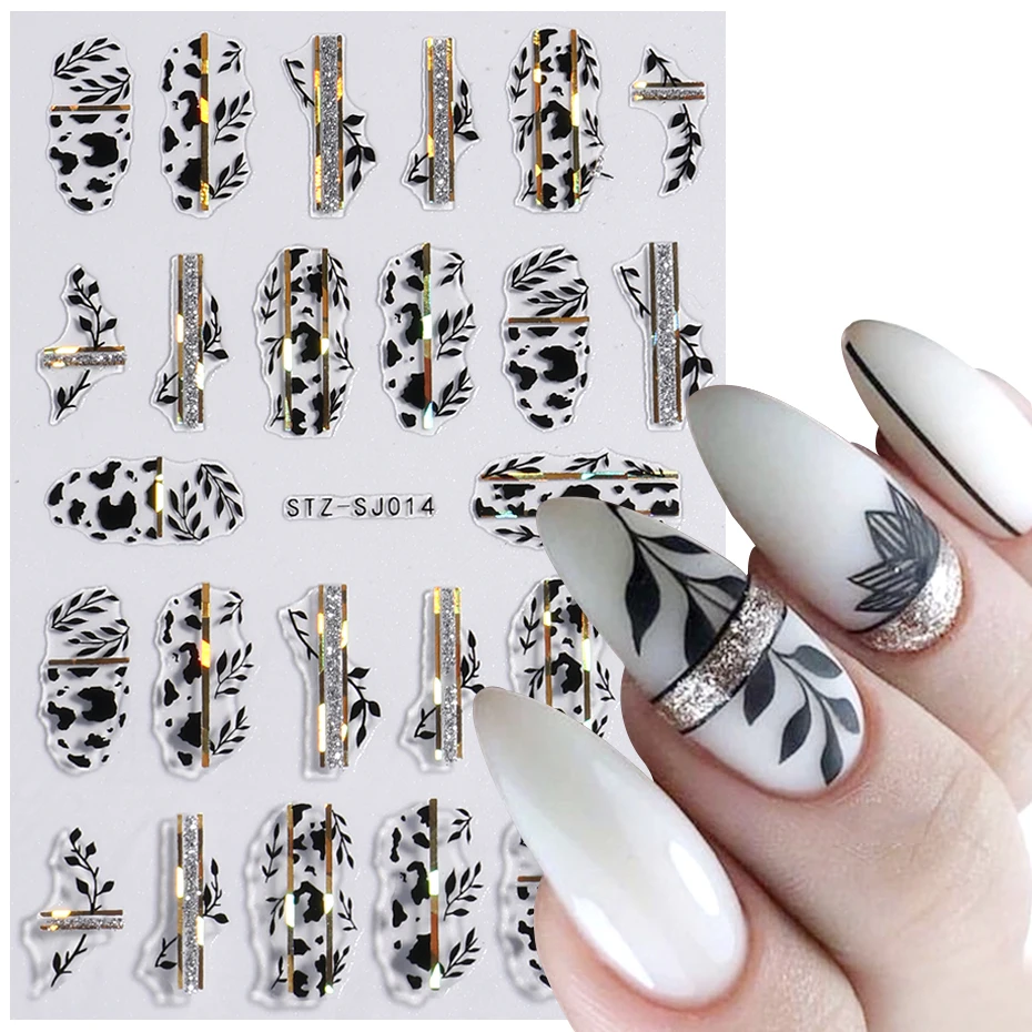 2 Stuks Glitter Blad Nail Art Stickers Laser Geometrie Bloemen Bladeren Schuifregelaars Voor Nagels Glanzende Golflijn Dierenprint Zelfklevende Stickers