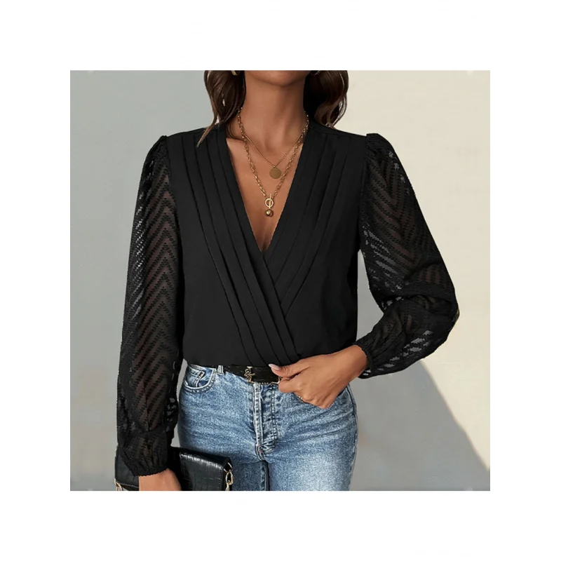 

Elegant And Versatile Solid Color V-Neck Pleated Lace See-Through Long-Sleeved Onesie
