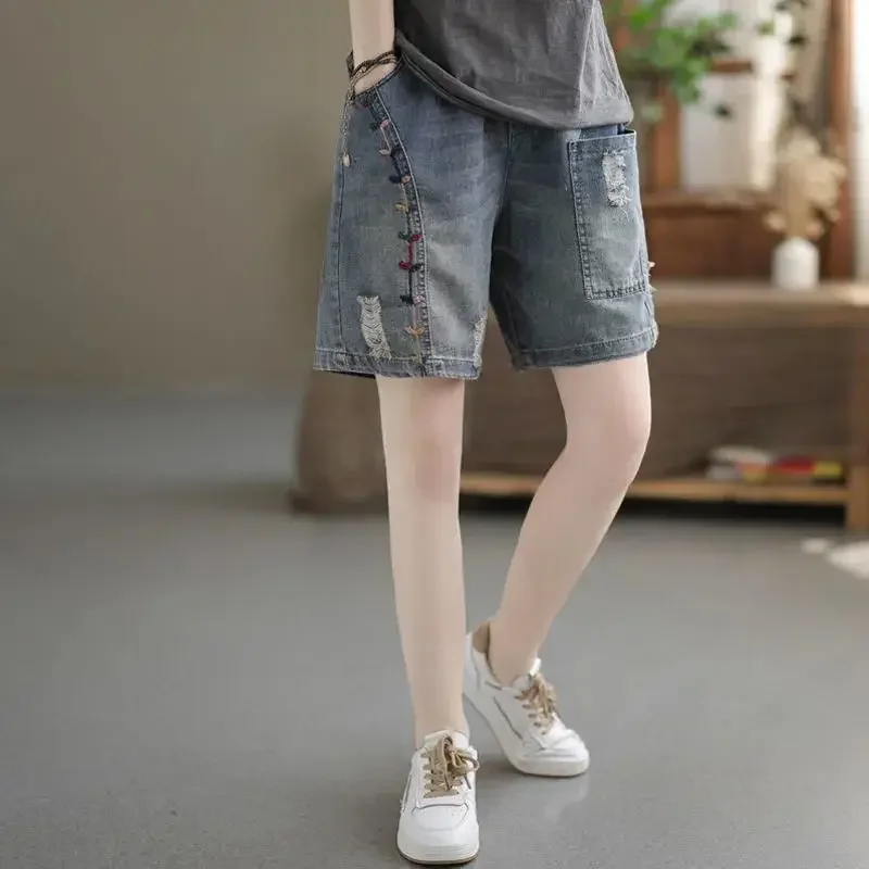 Ripped Denim Shorts Women\'s Shorty Hot Pants Female Clothing Korean Style Baggy Shorts Jeans Mom Short Vintage Pant High Waist