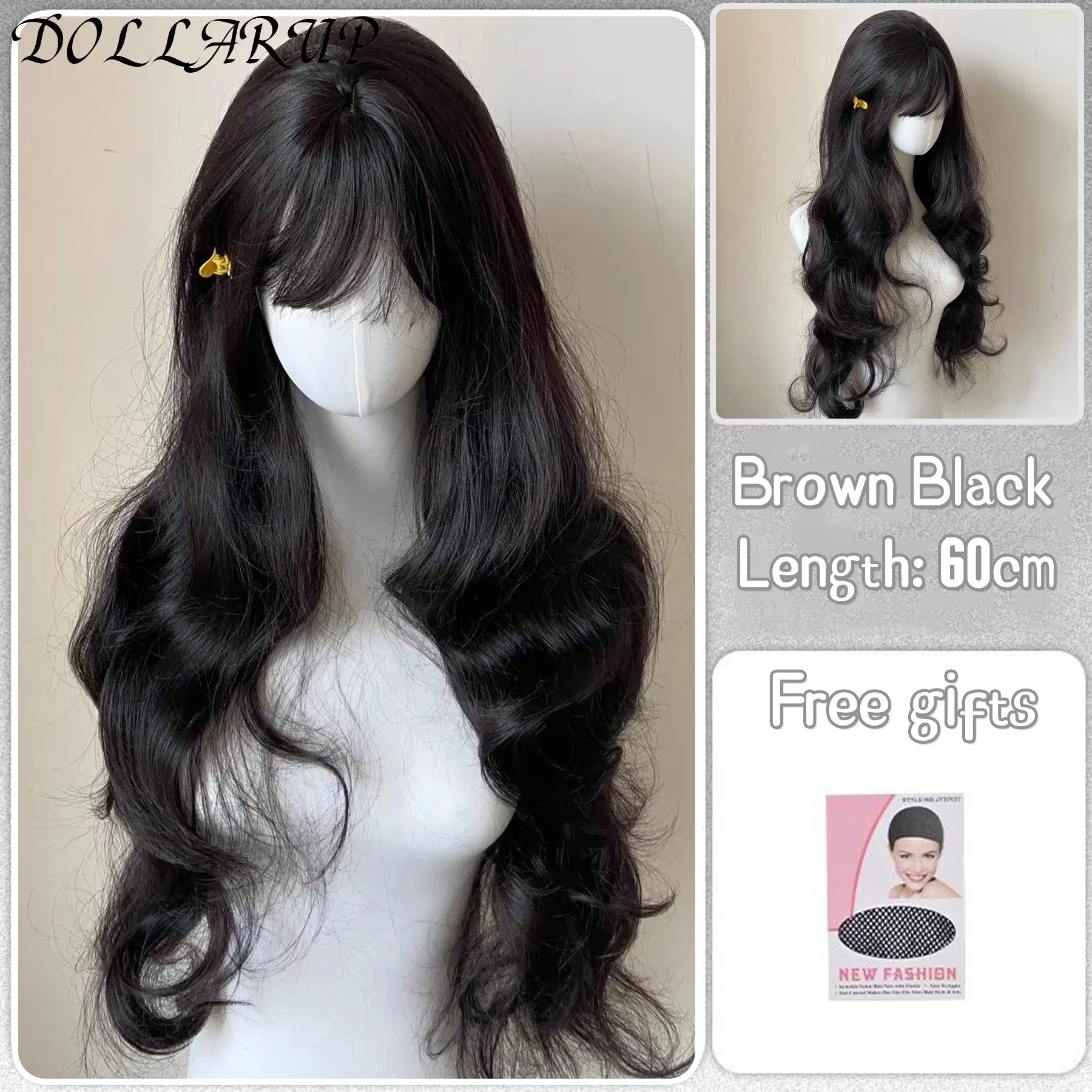 Super Long Black Wavy Synthetic Wigs with Bangs for Women Afro Dark Water Wave Halloween Cosplay Natural Hair Wig Heat Resistant