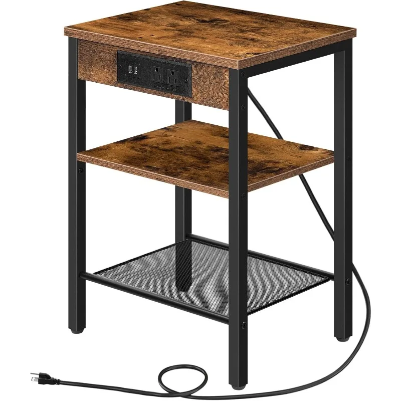 Side table with charging station and USB port, three-tier bedside table with adjustable shelves, small living room space